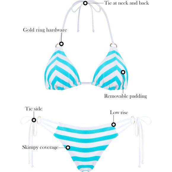 🆕Women's Blue Stripe Polyamide Cheeky Bikini Bottom Push-Up Triangle Swimsuit - Picture 5 of 5